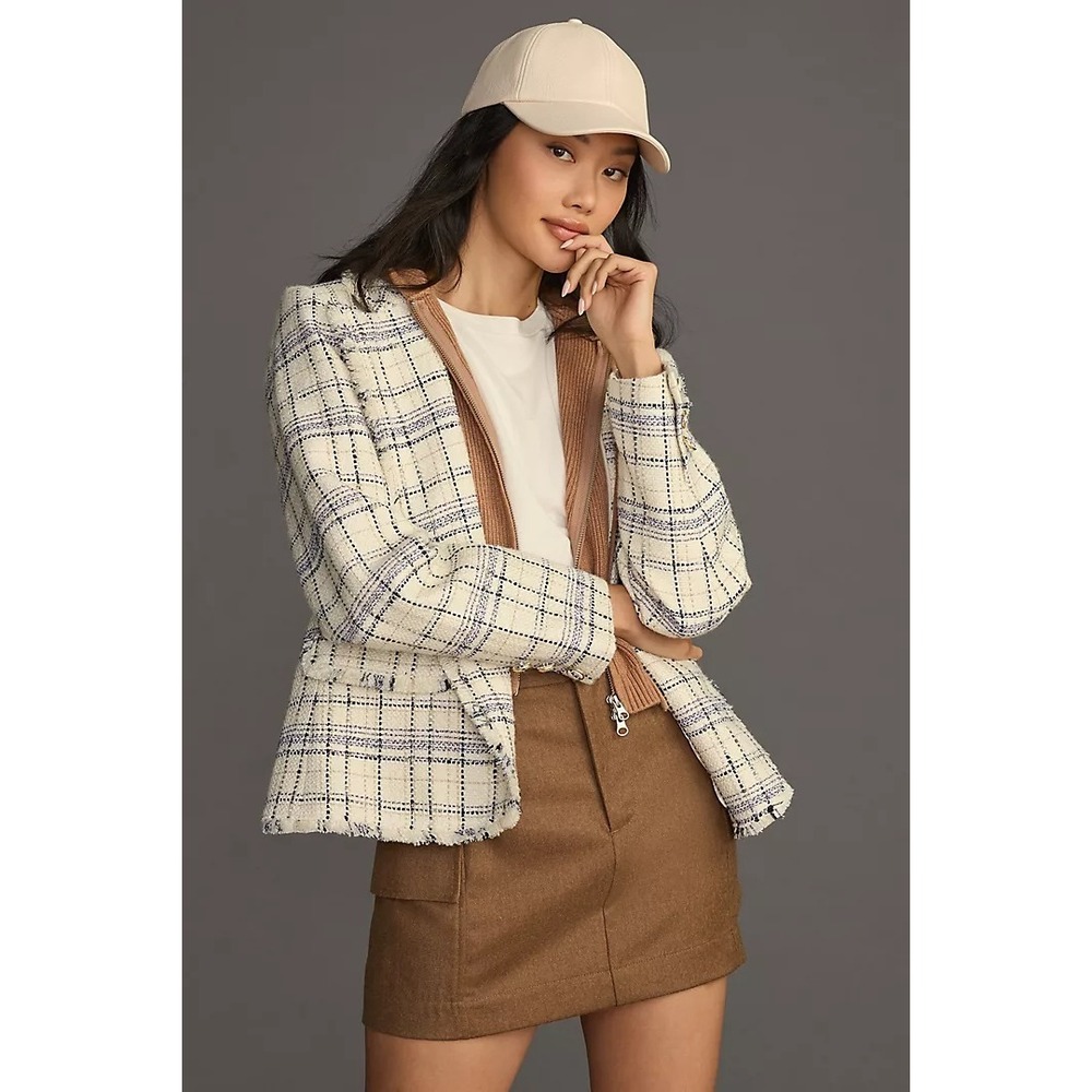 Anthropologie Plaid Tweed Dickies Blazer Detachable Knit Hoodie Preppy Career S